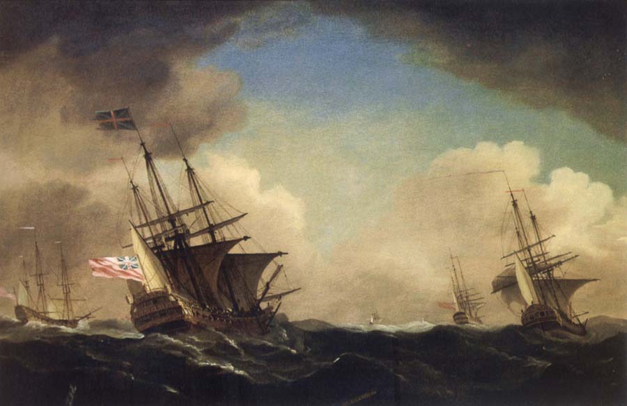 A squadron of English ships beating to windward in a gale